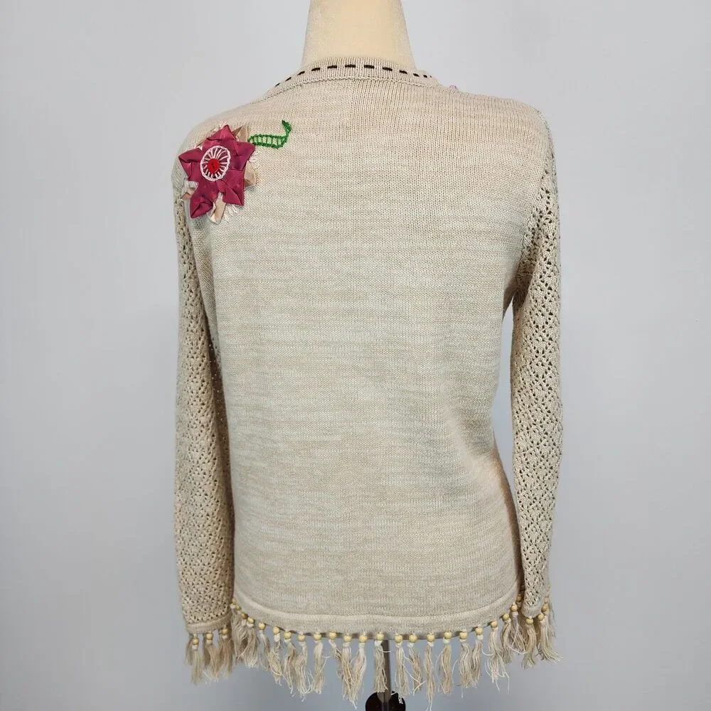 Storybook Knits Cardigan Sweater Size M Beige Crochet Fringe Granny Vintage
